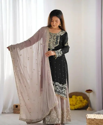 Vetrika-Black Designer Trendy Faux Georgette Sharara Suit