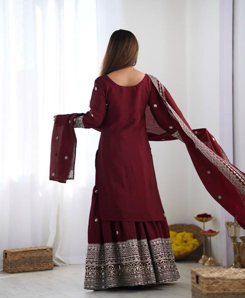 Liza-Maroon Chinon Silk Festival Wear Sharara Suit With Dupatta