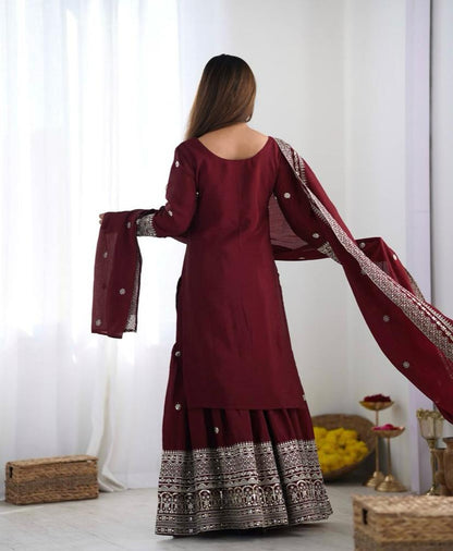 Liza-Maroon Chinon Silk Festival Wear Sharara Suit With Dupatta