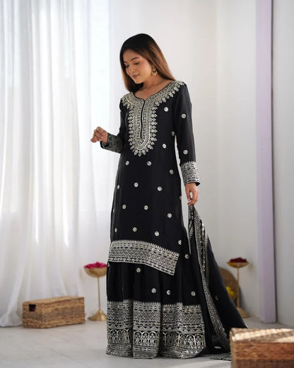 Liza-Black Color Chinon Silk Designer Sharara Suit For Women