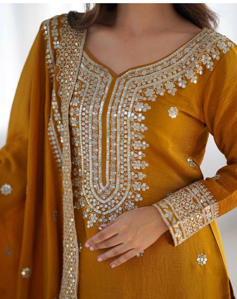 Liza-Mustard Chinon Silk Sharara Suit