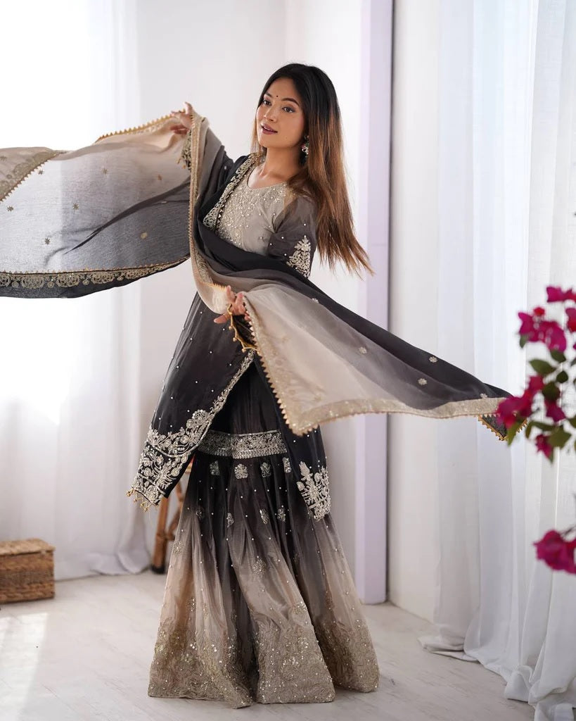 Peding-Grey Elegant Chinon Silk Designer Suit With Sharara & Dupatta