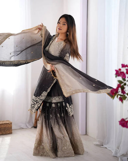 Peding-Grey Elegant Chinon Silk Designer Suit With Sharara & Dupatta
