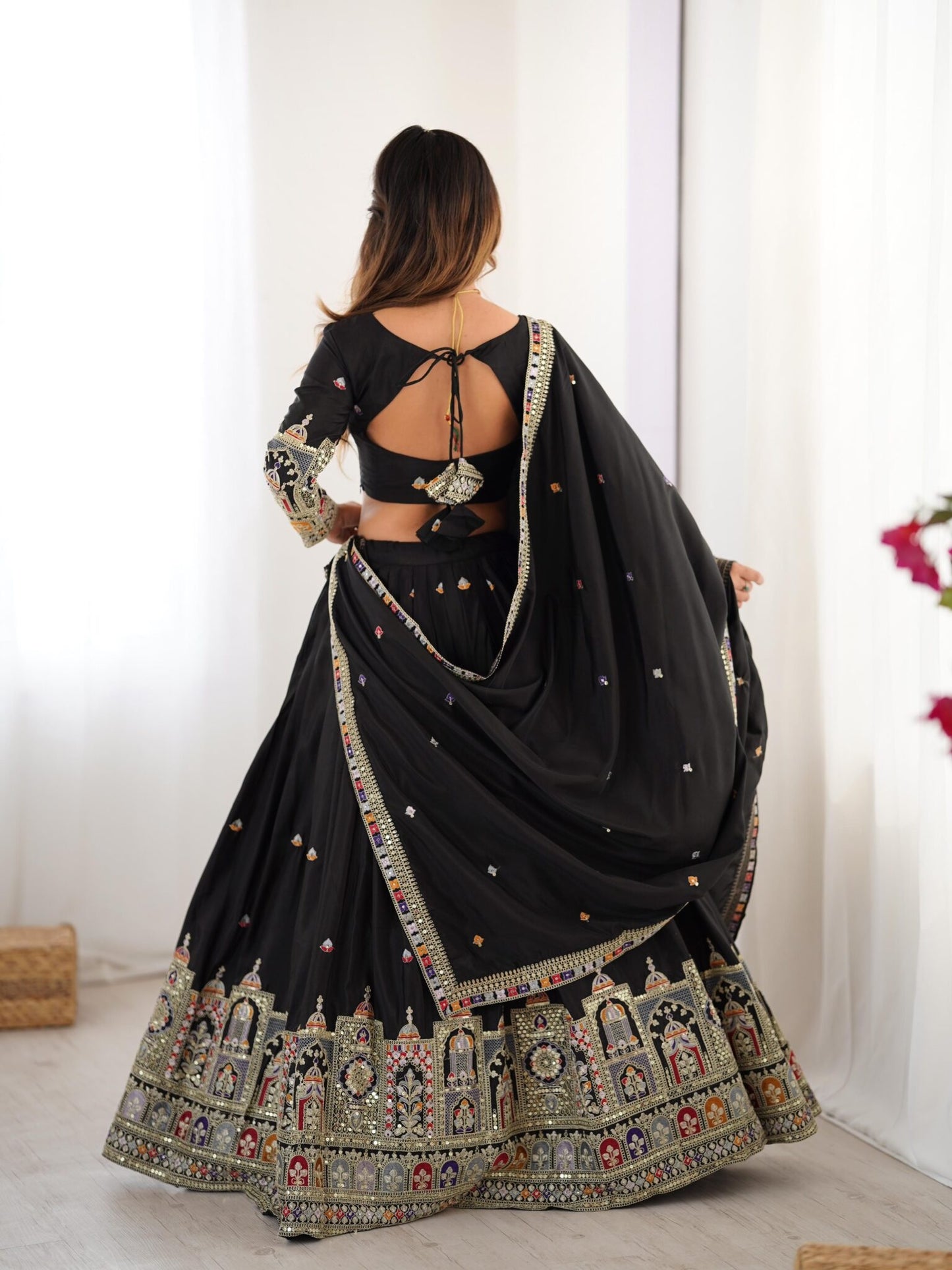 Taj-Black Traditional Designer Embroidery Work Black Lehenga