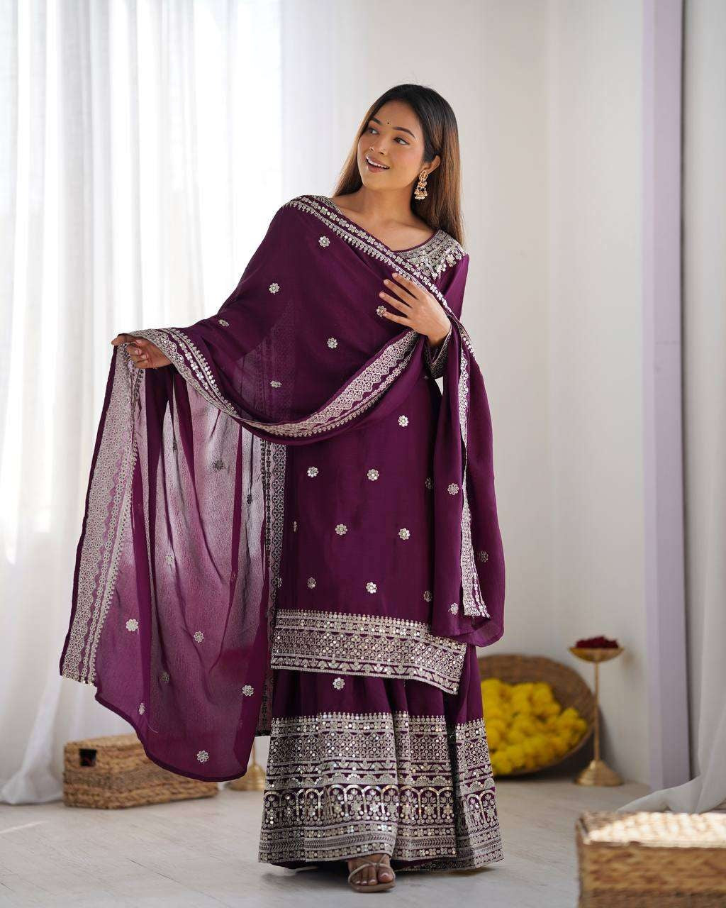 Liza-Wine Embroidered Work Chinon Silk Sharara Suit