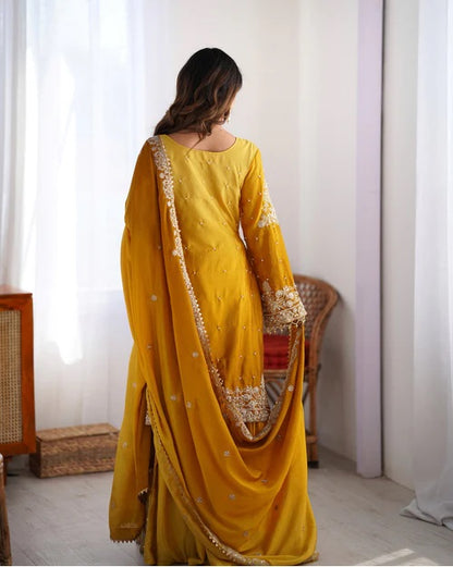 Peding-Yellow Embroidered Chinon Silk Sharara Suit