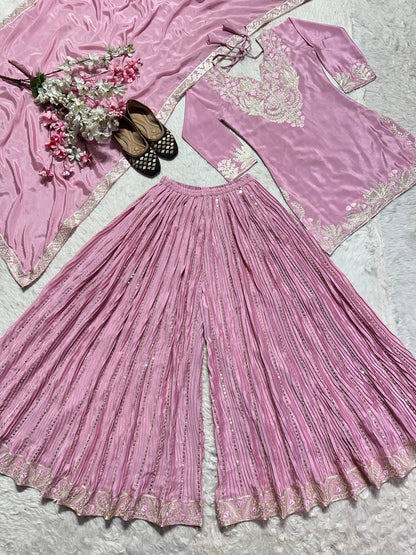 Babbly-Peach Chinon Silk Sharara Suit For Women's