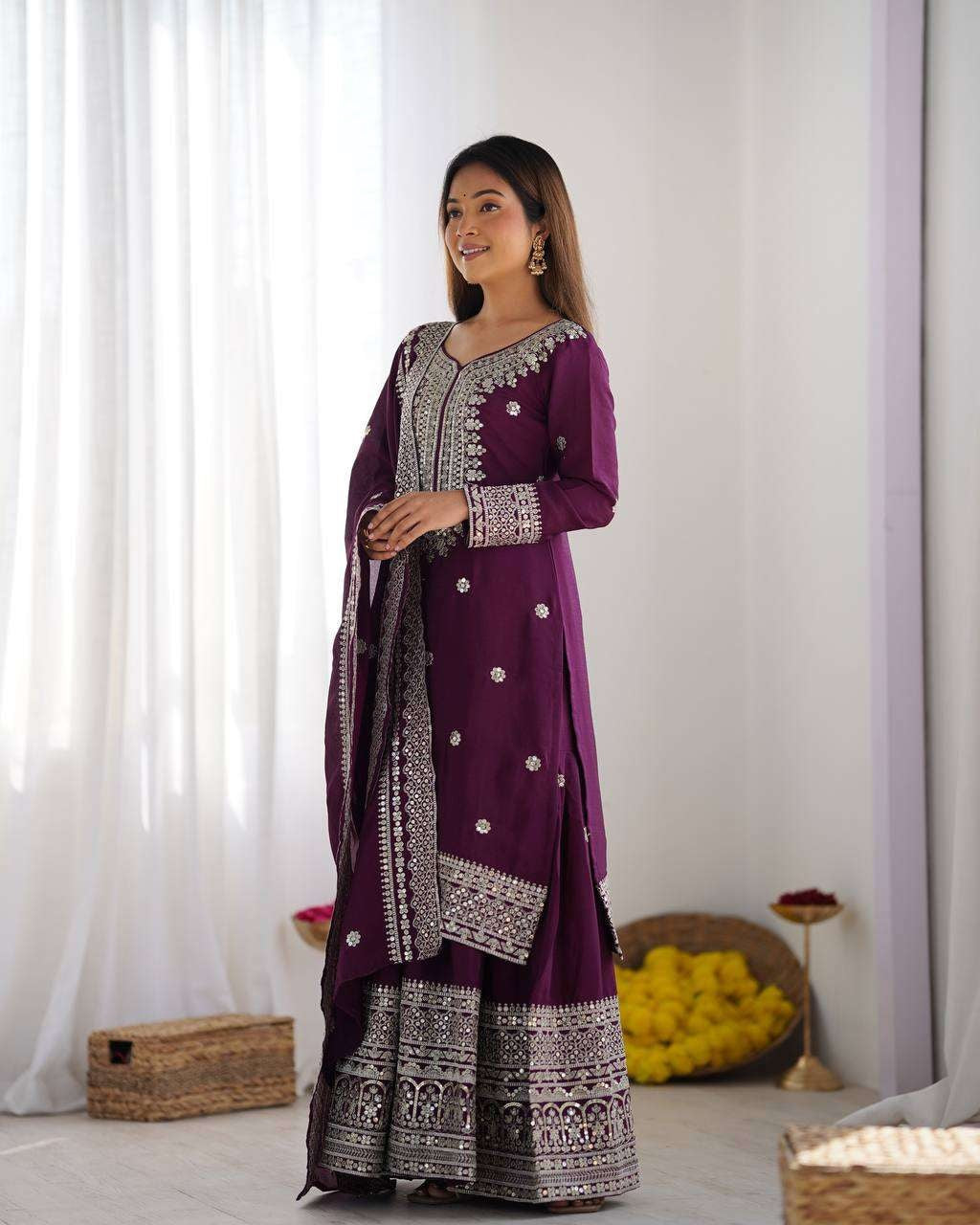 Liza-Wine Embroidered Work Chinon Silk Sharara Suit