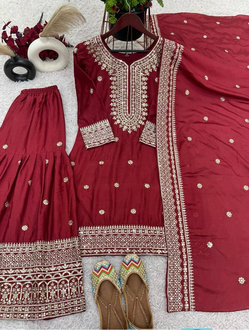Liza-Maroon Chinon Silk Festival Wear Sharara Suit With Dupatta