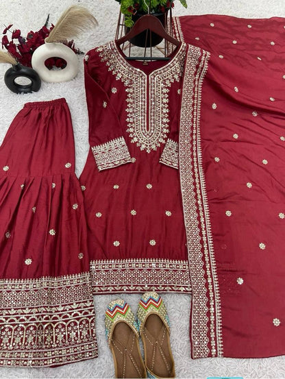 Liza-Maroon Chinon Silk Festival Wear Sharara Suit With Dupatta
