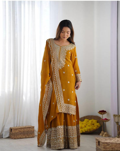 Liza-Mustard Chinon Silk Sharara Suit