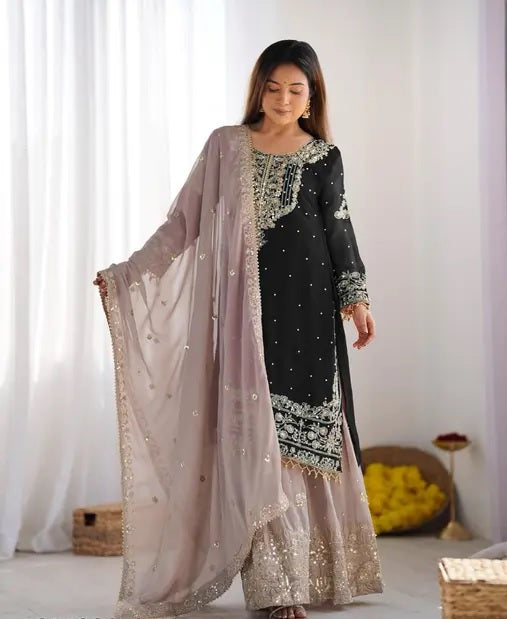 Vetrika-Black Designer Trendy Faux Georgette Sharara Suit