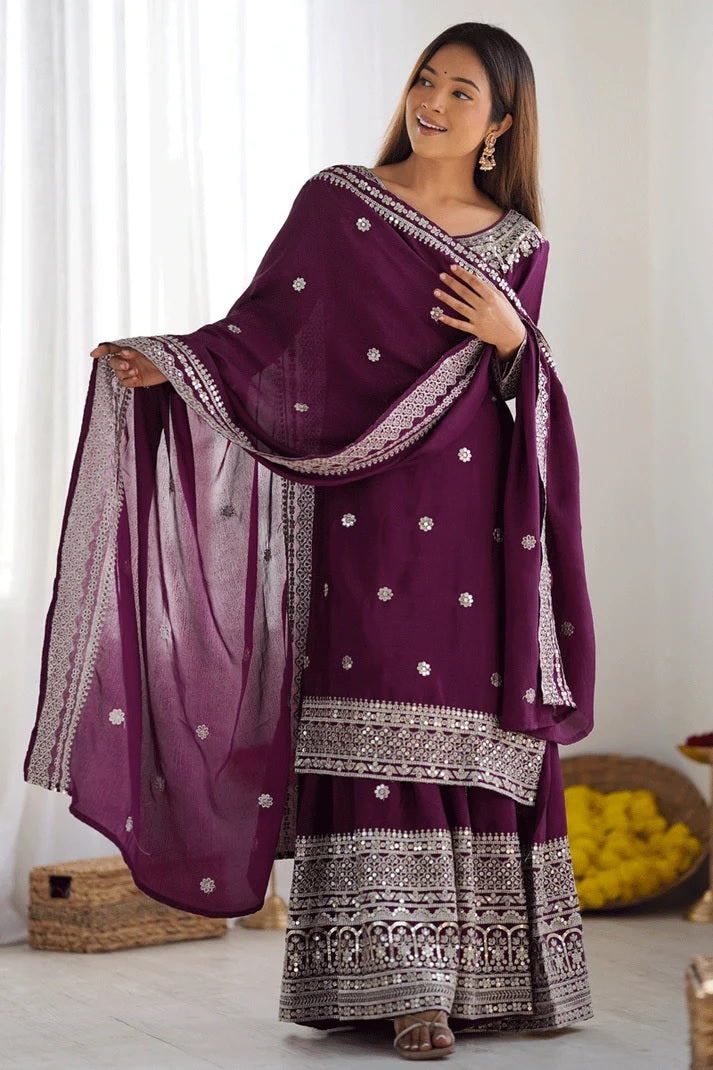 Liza-Wine Embroidered Work Chinon Silk Sharara Suit