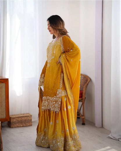 Peding-Yellow Embroidered Chinon Silk Sharara Suit