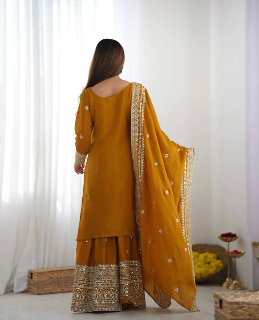 Liza-Mustard Chinon Silk Sharara Suit