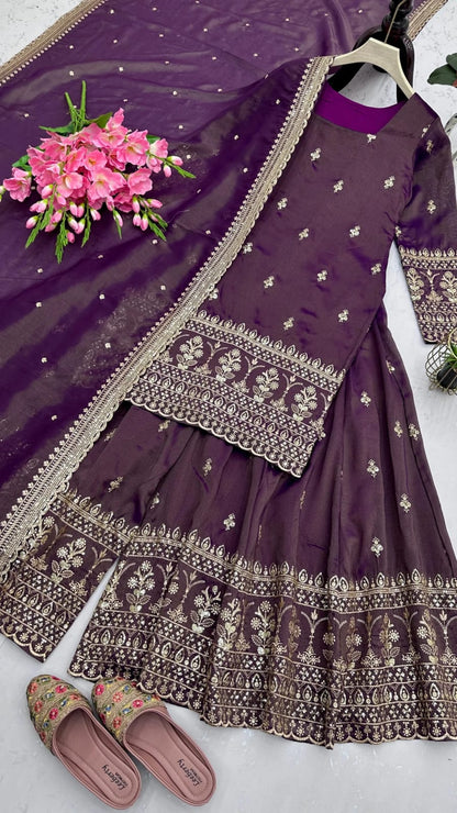 Arora-Wine Tweel Net Embroidered Work Kurta, Palazzo & Dupatta Set