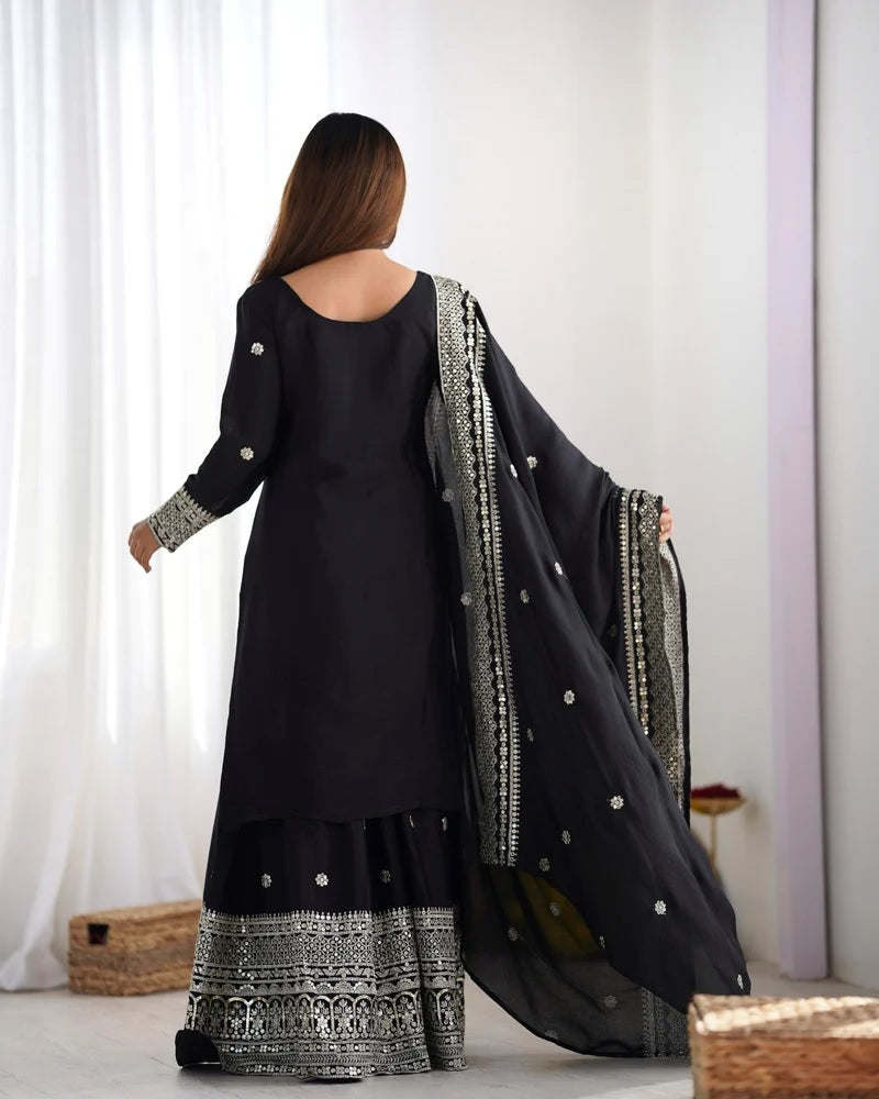 Liza-Black Color Chinon Silk Designer Sharara Suit For Women