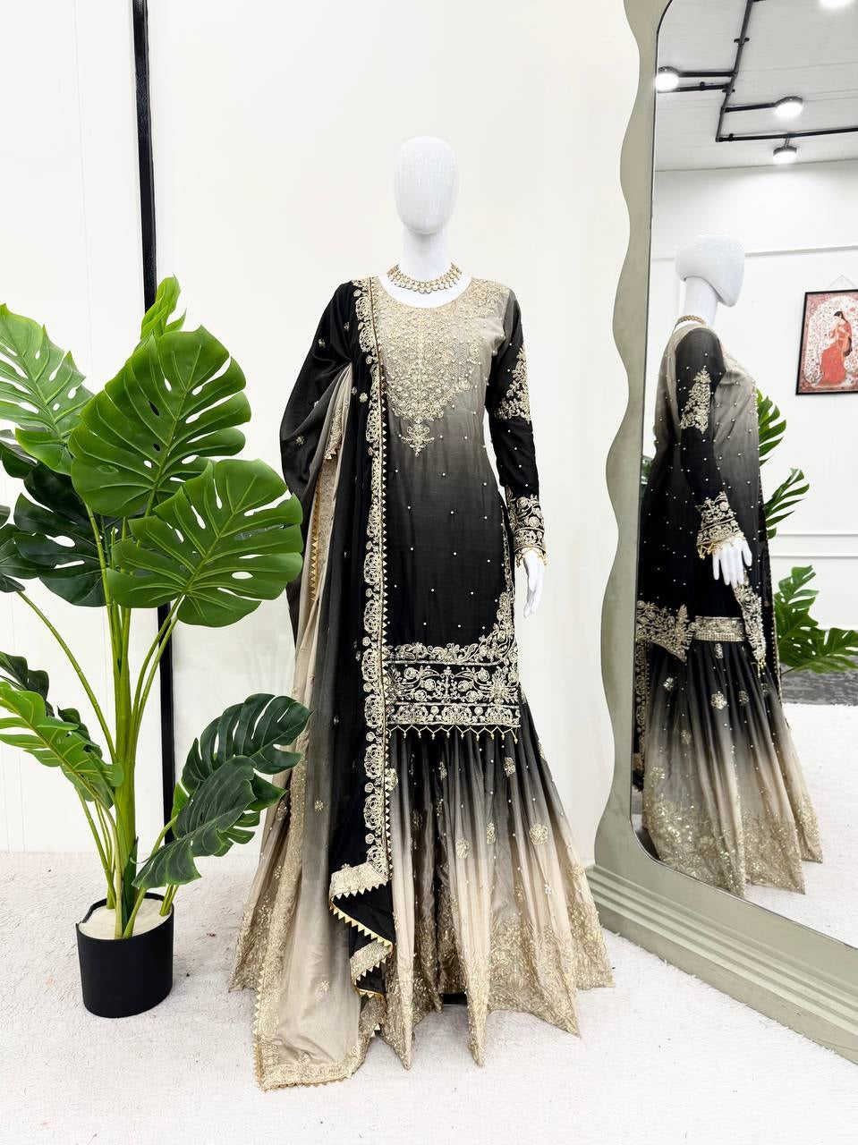 Peding-Grey Elegant Chinon Silk Designer Suit With Sharara & Dupatta
