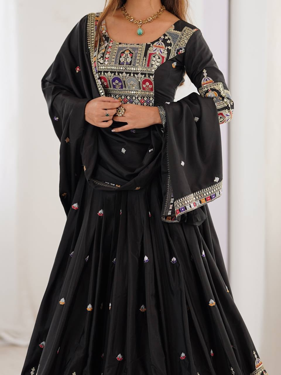 Taj-Black Traditional Designer Embroidery Work Black Lehenga