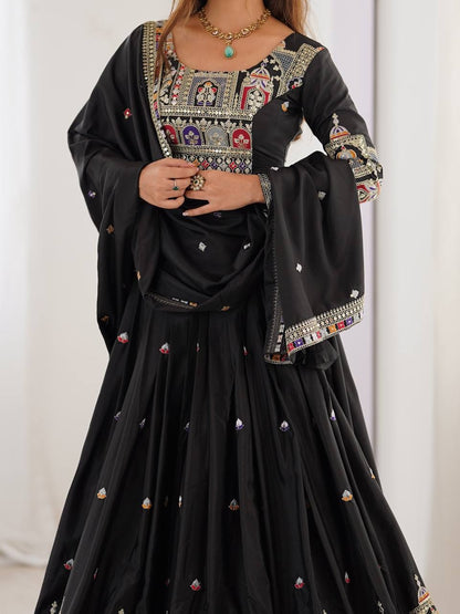 Taj-Black Traditional Designer Embroidery Work Black Lehenga
