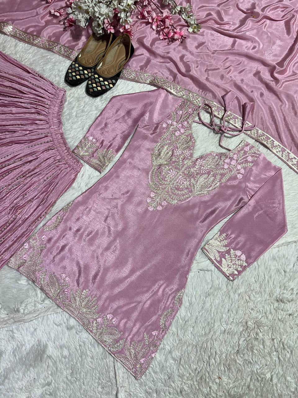 Babbly-Peach Chinon Silk Sharara Suit For Women's