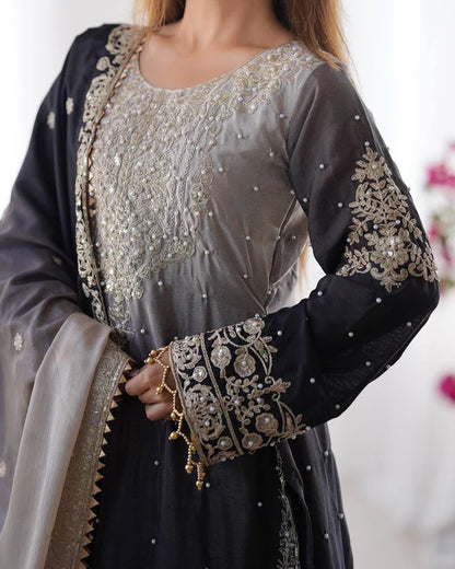 Peding-Grey Elegant Chinon Silk Designer Suit With Sharara & Dupatta