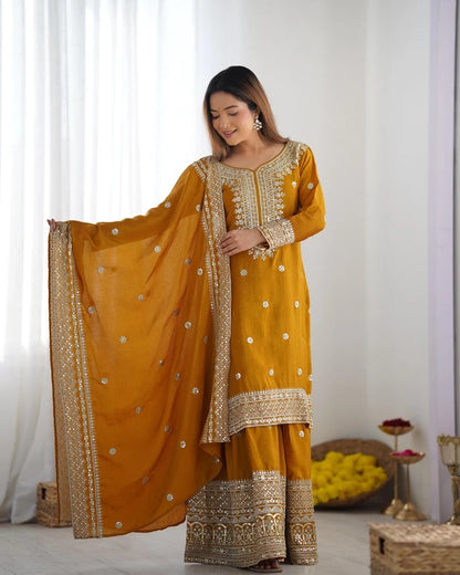 Liza-Mustard Chinon Silk Sharara Suit