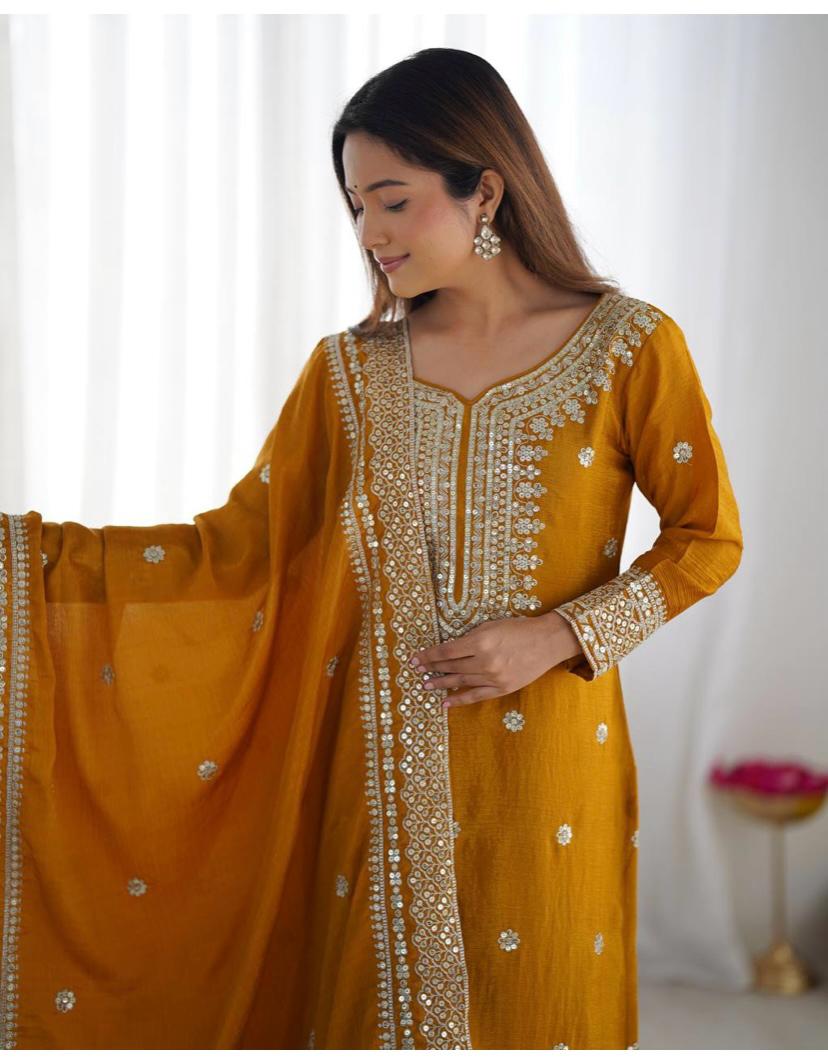 Liza-Mustard Chinon Silk Sharara Suit