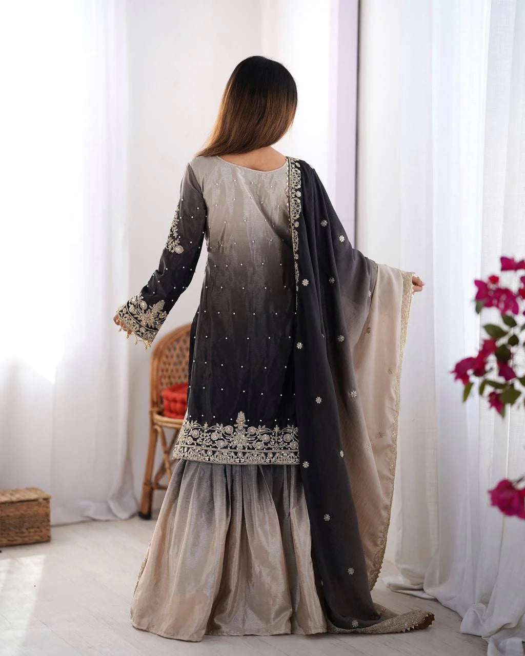 Peding-Grey Elegant Chinon Silk Designer Suit With Sharara & Dupatta