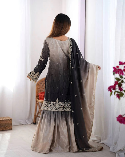 Peding-Grey Elegant Chinon Silk Designer Suit With Sharara & Dupatta
