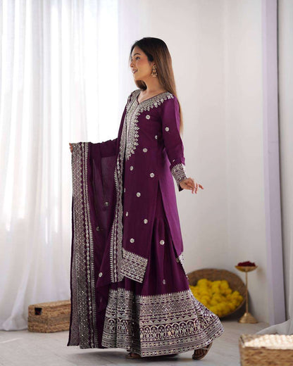 Liza-Wine Embroidered Work Chinon Silk Sharara Suit
