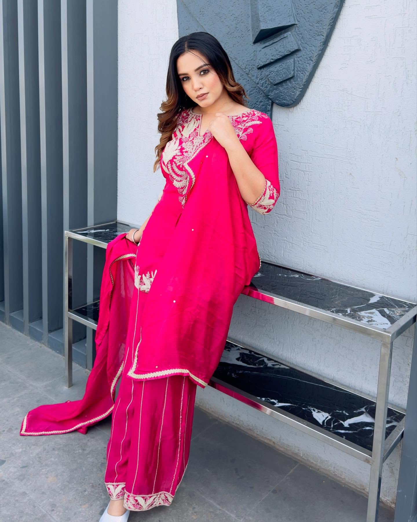 Babbly-Pink Ready To Wear Designer Pure Chinon Silk Sharara Suit