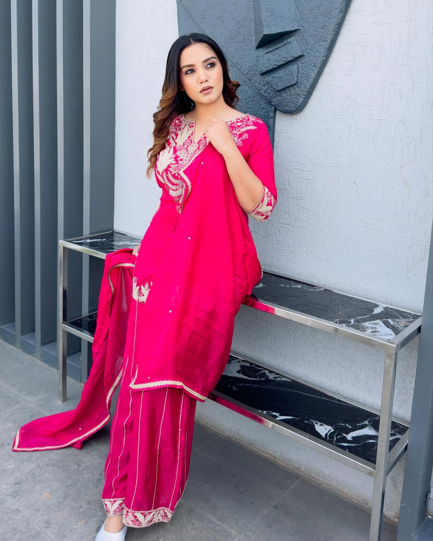 Babbly-Pink Ready To Wear Designer Pure Chinon Silk Sharara Suit