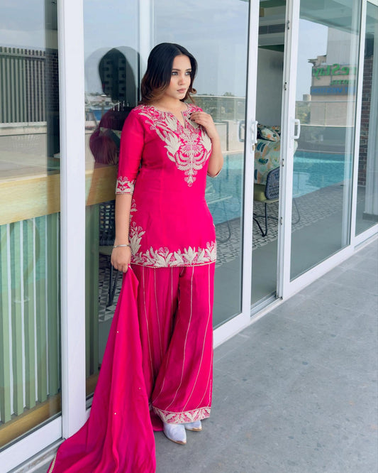 Babbly-Pink Ready To Wear Designer Pure Chinon Silk Sharara Suit